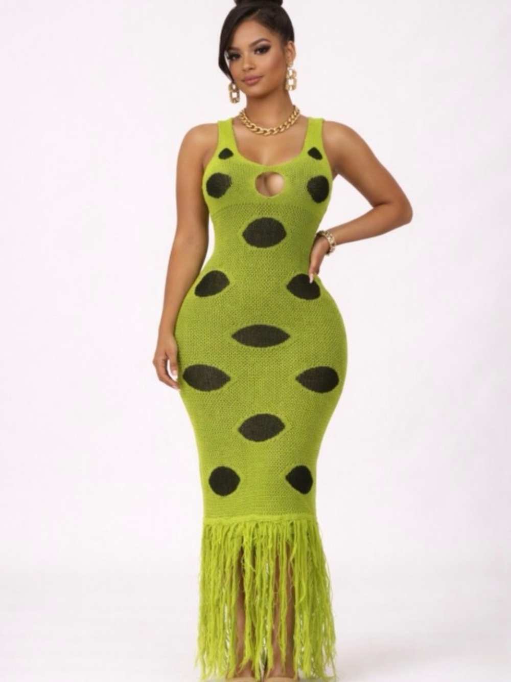 Polka Dot Sleeveless Lime Green Knit Fringe Maxi Dress with Cutout